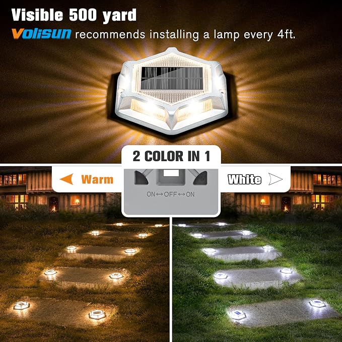 VOLISUN Solar Driveway Lights Dock Outdoor Waterproof Marker Lights,12 Pack Solar Deck Lights 2 Colors in 1 Led Wireless IP67,Solar Deck Lights for Sidewalk Pathway Yard(White/Warm White),Auto On/Off