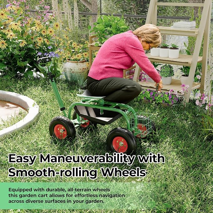 Garden Cart Workseat with Wheels, Rolling Gardening Stool with 360° Swivel Seat, Wagon Scooter with Steering Handle & Utility Tool Tray for Planting, Weeding, Lawn Care