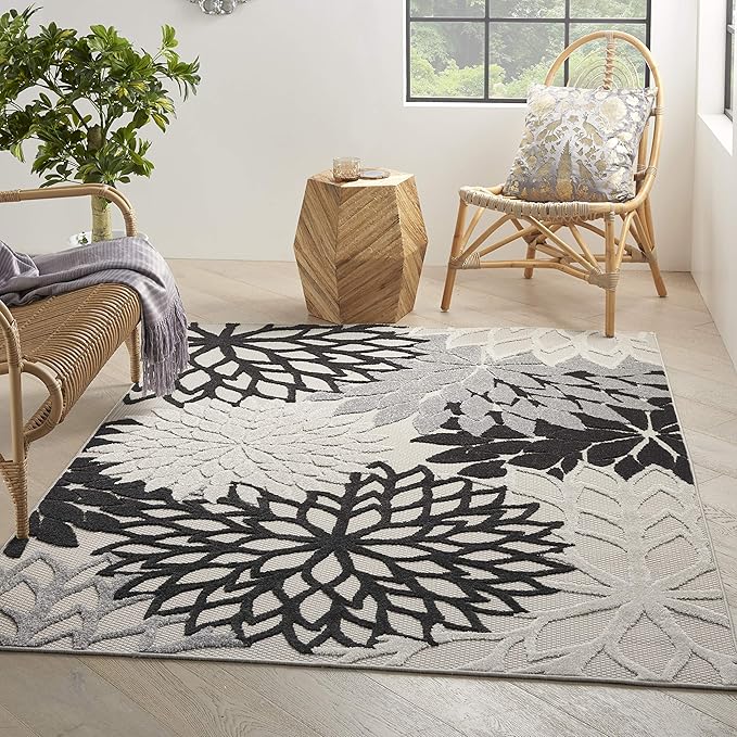 Nourison Home Aloha Indoor/Outdoor Black White 6' x 9' Area Rug, Tropical, Botanical, Easy Cleaning, Non Shedding, Bed Room, Living Room, Dining Room, Deck, Backyard, Patio (6x9)