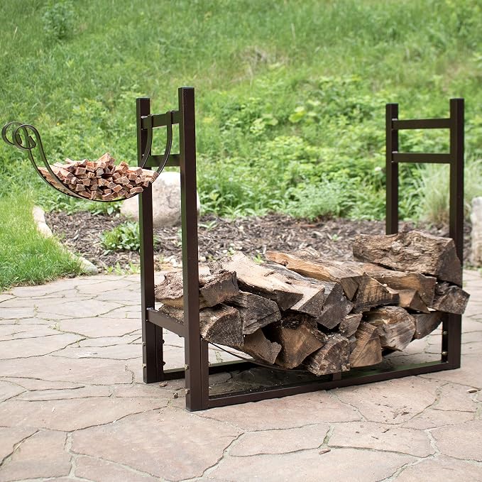 Sunnydaze 33 Inch Indoor Firewood Rack with Kindling Log Holder - Heavy-Duty 1/4 Cord Outdoor Wood Storage for the Fire Pit or Fireplace - Bronze