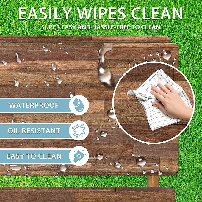 Picnic Table Cover with Bench Covers Camping Essentials Wooden Brown Outdoor Table Cloth with Elastic Rustic Waterproof Fitted Camping Tablecloth for RV Picnic Travel