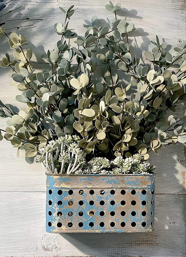 Antique Blue Wall Planter Hanging Metal Bucket Container Organizer for Flowers Succulent Air Decorative Plants Tools Distressed Indoor or Outdoor 9 x 8.5