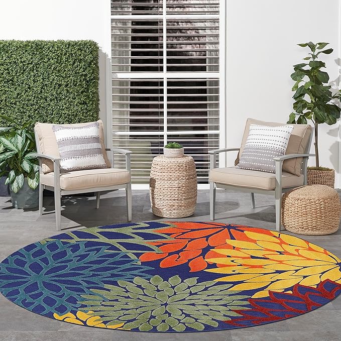 Nourison Home Washables 94x94 Outdoor Polypropylene Fabric Rug in Blue/Multi-Color