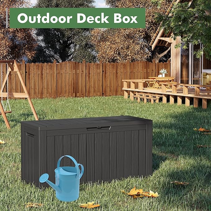 LHBGO 80 Gallon Deck Box Large Outdoor Storage Boxfor Patio Furniture,Outdoor Cushions, Garden Tools, Sports Equipment and Pool Supplies, Waterproof, Resin, Lockable
