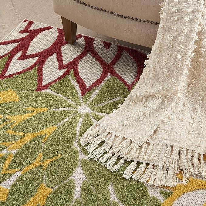 Nourison Home Aloha Indoor/Outdoor Red Multi Colored 5'3" x 7'5" Area Rug, Tropical, Botanical, Easy Cleaning, Non Shedding, Bed Room, Living Room, Dining Room, Deck, Backyard, Patio (5x7)