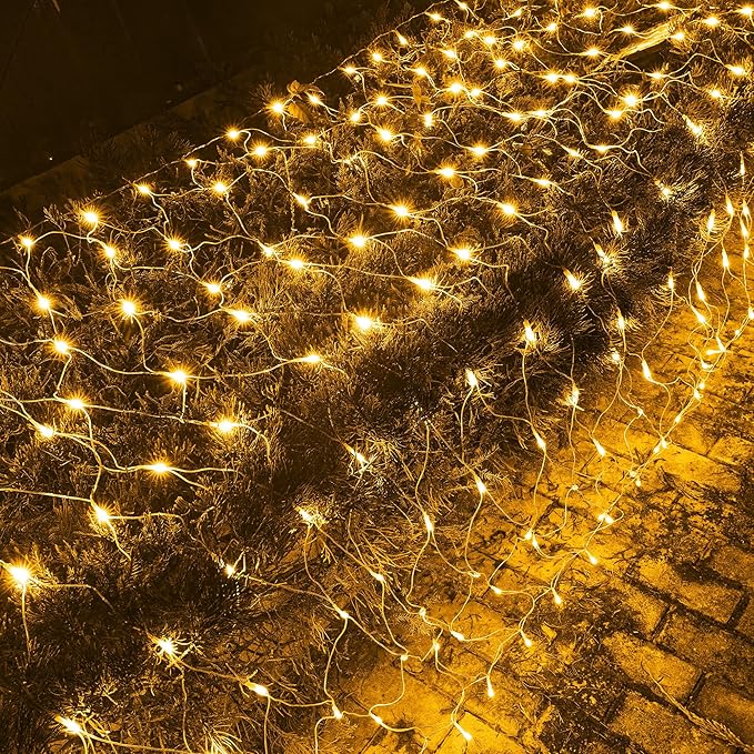 Dazzle Bright Christmas 360 LED Net Lights, 12FT x 5 FT Connectable Waterproof String Lights Clear Wire with 8 Modes, Christmas Decorations for Indoor Outdoor Xmas Party Yard Garden Decor (Warm White)