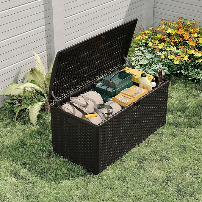 99 Gallon Waterproof Large Resin Deck Box Indoor Outdoor, Lockable Storage Container for Patio Furniture Cushions, Throw Pillows, Garden Tools, and Pool Floats Black 50" L x 26" W x 25" H