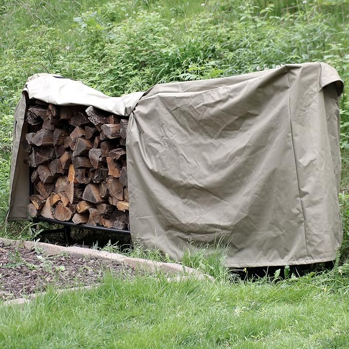 Sunnydaze 8-Foot Firewood Log Rack Cover - Weather-Resistant Outdoor Heavy-Duty Polyester with PVC Backing - Khaki