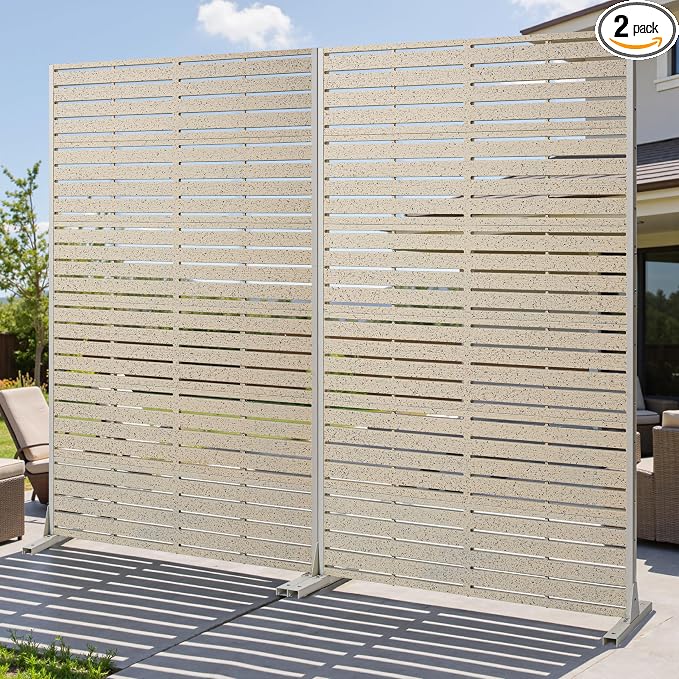 Privacy Screen Outdoor 72" Hx47 W Freestanding Privacy Panel with Stand, HDPE Decorative Privacy Fence with Sandblasting Louver Pattern, Patio Divider Screen, Privacy Screens for Outside