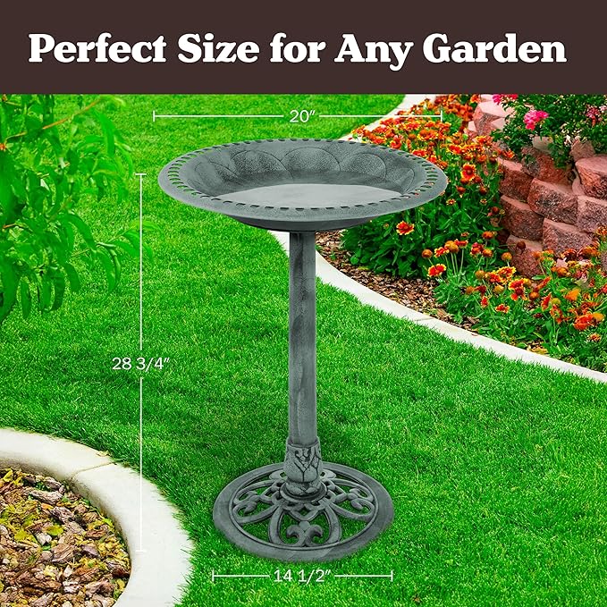 Pure Garden 50-LG1072 Antique Bird Bath-Weather Resistant Resin Birdbath with Vintage Scroll Design, 3 Ground Stakes for Garden,Outdoor Decor (Patina Green)