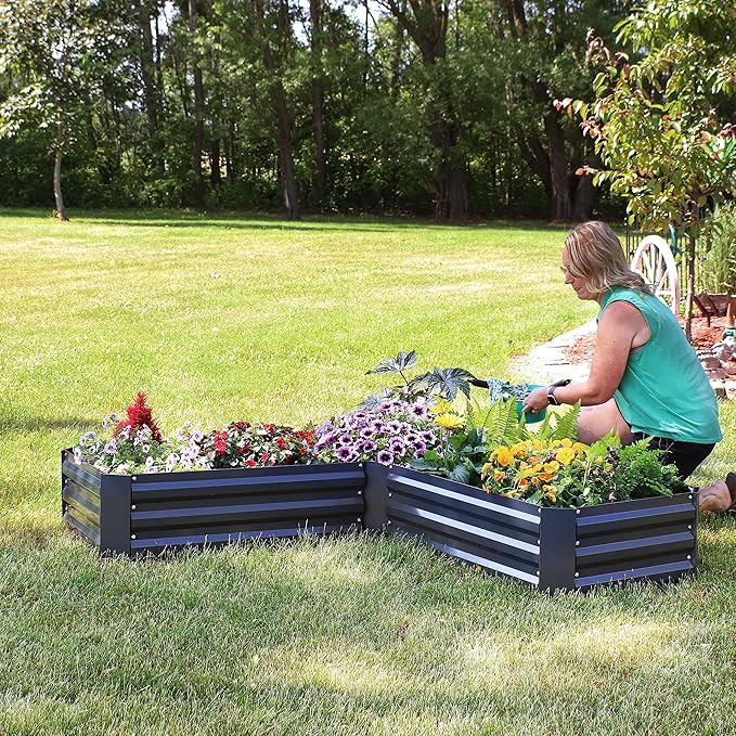 Sunnydaze Galvanized Raised Garden Bed Kit - 5x5x1 ft Outdoor Raised Garden Bed - Metal Planter Box for Vegetables, Flowers, Herbs - Dark Gray - L-Shaped