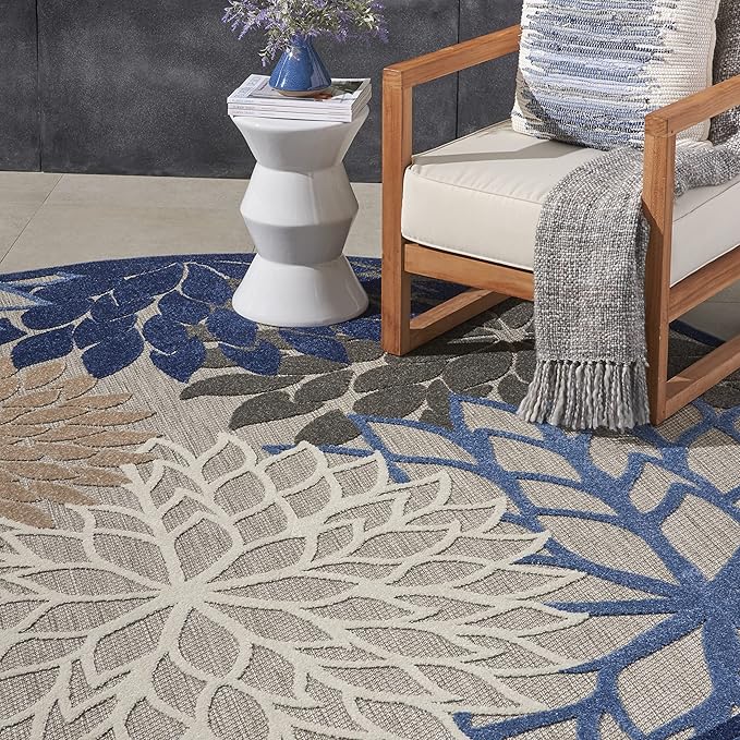 Nourison Home Aloha Indoor/Outdoor Blue/Multicolor 7'10" x Round Area Rug, Tropical, Botanical, Easy Cleaning, Non Shedding, Bed Room, Living Room, Dining Room, Deck, Backyard, Patio (8 Round)