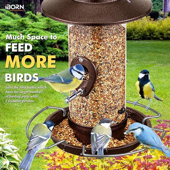 iBorn Bird Feeder Squirrel-Chew Proof Metal Hanging Birds Feeder Bird Feeders for Outdoors Hanging Outside for Cardinal, 3 Perches with 2 Feeding Ports, Brushed Coffee (Seed is not Included)