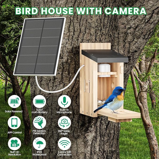 Birdhouse with Camera in It, 5MP HD 2.4G WiFi Birdhouse, Motion-Activated Auto Capture, Night Vision for Bluebirds & Wrens Nesting