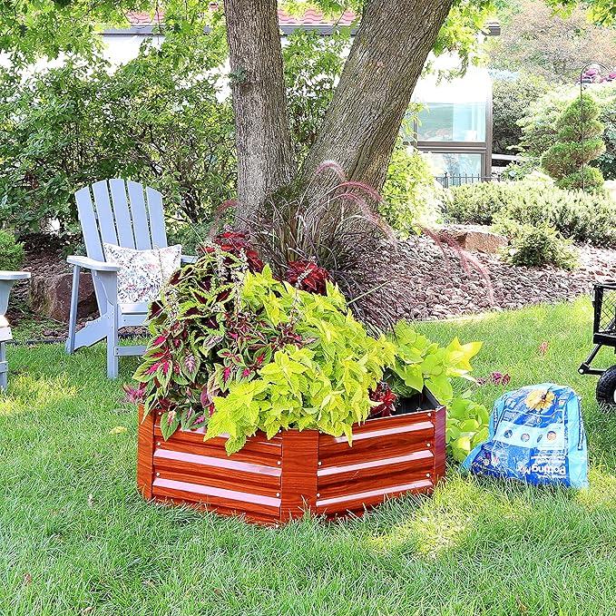 Sunnydaze Galvanized Raised Garden Bed Kit - 4x3x1 ft Outdoor Raised Garden Bed - Metal Planter Box for Vegetables, Flowers, Herbs - Woodgrain - Hexagon
