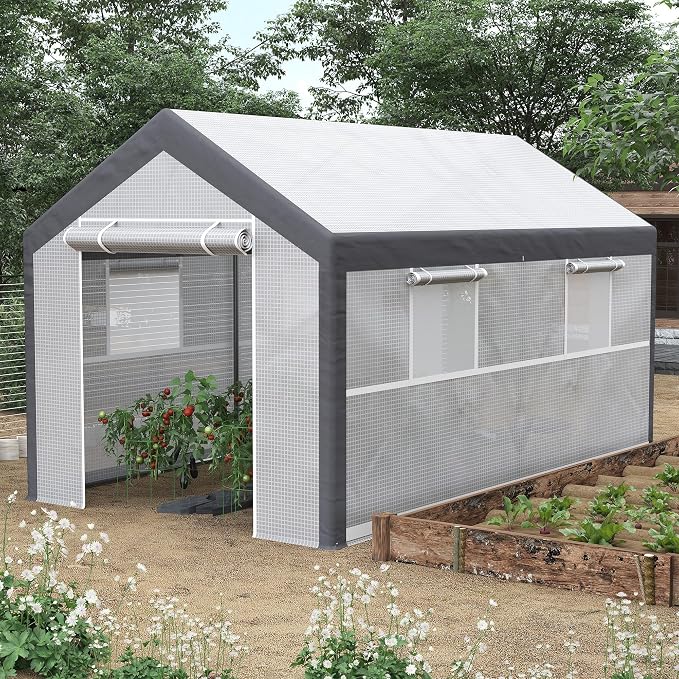 Outsunny 12' x 7' x 7' Greenhouse, Walk-in Outdoor Tunnel Green House with PE Cover, Steel Frame, 2 Roll-Up Zipper Doors & 4 Windows for Flowers, Vegetables, Tropical Plants, White