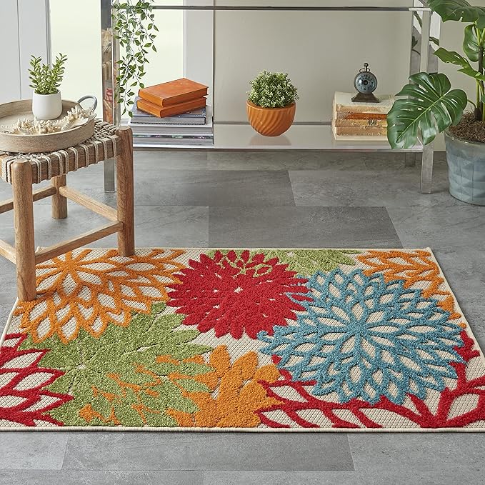 Nourison Home Aloha Indoor/Outdoor Green 2'8" x 4' Area Rug, Tropical, Botanical, Easy Clean, Non Shedding, Bed Room, Living Room, Dining Room, Deck, Backyard, Patio (3x4)
