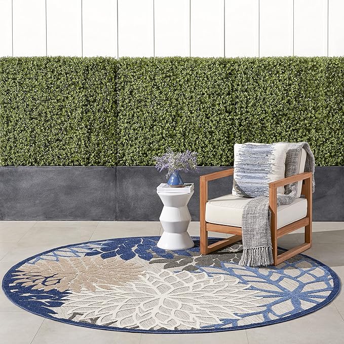 Nourison Home Aloha Indoor/Outdoor Blue/Multicolor 7'10" x Round Area Rug, Tropical, Botanical, Easy Cleaning, Non Shedding, Bed Room, Living Room, Dining Room, Deck, Backyard, Patio (8 Round)