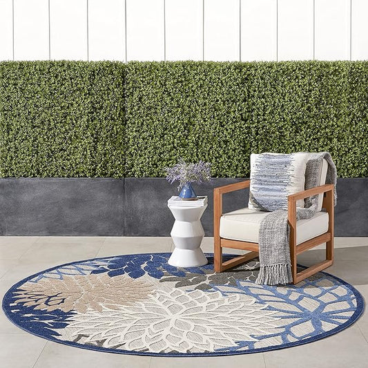 Nourison Home Aloha Indoor/Outdoor Blue/Multicolor 7'10" x Round Area Rug, Tropical, Botanical, Easy Cleaning, Non Shedding, Bed Room, Living Room, Dining Room, Deck, Backyard, Patio (8 Round)