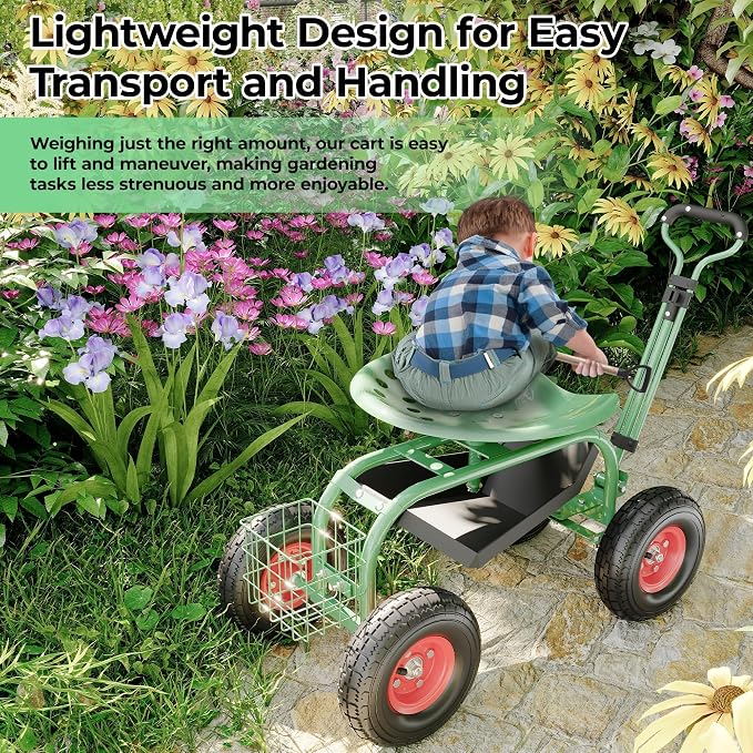 Garden Cart Rolling Workseat with Wheels, Gardening Stool with 360° Swivel Seat, Steering Handle & Large Utility Tool Tray for Planting, Weeding, Lawn Care