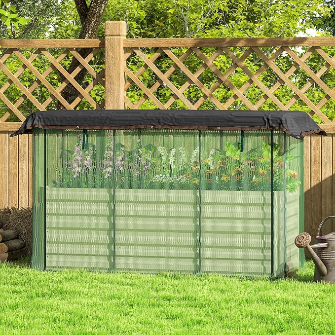 Outsunny 5.9 x 2 x 1.9 ft Galvanized Raised Garden Bed with Crop Cage Plant Protection Net and Shade Cloth Roof, Metal Planter Box with Cover for Vegetables, Flowers, Herbs, Beige