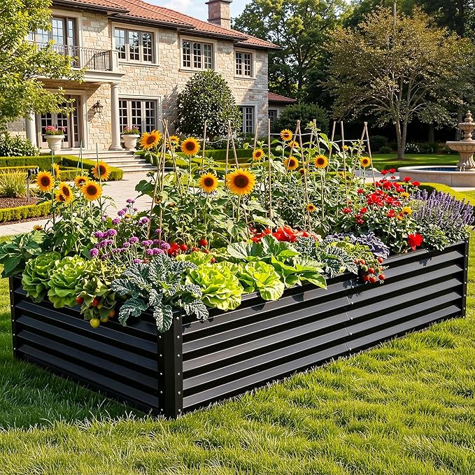 YITAHOME 2pcs 8x4x1.5 ft Galvanized Raised Garden Bed Kit, Large Metal Planter Box with Gloves, Safety Rubber & Support Rod, Outdoor Flower Bed for Plants Vegetables, Black