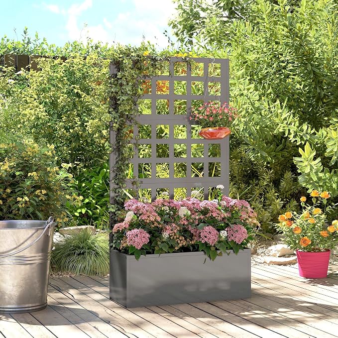 Outsunny Galvanized Raised Garden Bed with Trellis, Metal Planter Box with Drainage Holes, Outdoor Privacy Screen for Climbing Plants, Vegetable, Vines, 24" x 9" x 44.5", Gray