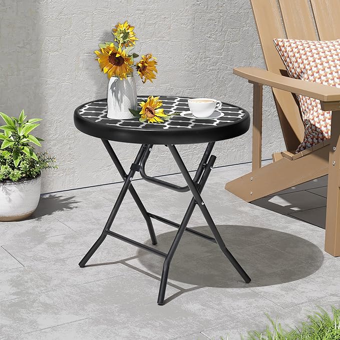 Foldable Side Table with Tempered Glass Top 18" Outdoor Folding Side Tables Small Glass Patio Table for Porch Yard Balcony Deck Lawn Dining Garden (Black and White Stripe)