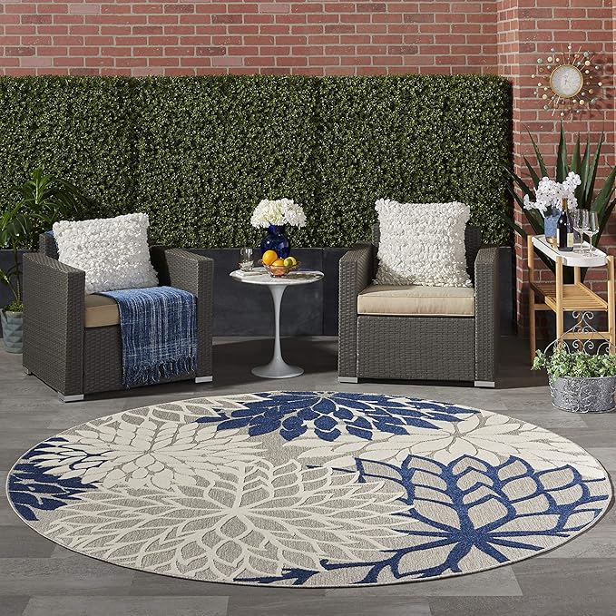 Nourison Home Aloha Ivory Navy 7'10" x Round Area Rug - Easy Clean, Non Shedding, Bed Room, Living Room, Dining Room, Kitchen (8' x Round)