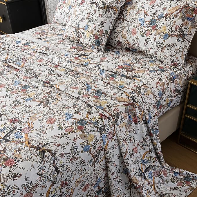 FADFAY Sheets Set Queen Botanical Bird Floral Bed Sheets Set Vintage Mocha Mousse Farmhouse Bedding Shabby Branches Bedding 100% Egyptian Cotton Breathable Soft 17.7" Deep Pocket 4Pcs, Queen Size