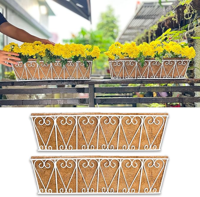 LaLaGreen Wall Hanging Planter - 2 Pack, 24 Inch Deck Railing Planter, Window Flower Boxes Basket Outdoor White Deck Railing Hanging Pot Coco Liner Metal Plant Holder Fence Planter Balcony Patio Porch