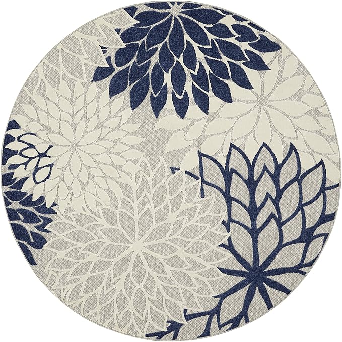 Nourison Home Aloha Ivory Navy 7'10" x Round Area Rug - Easy Clean, Non Shedding, Bed Room, Living Room, Dining Room, Kitchen (8' x Round)