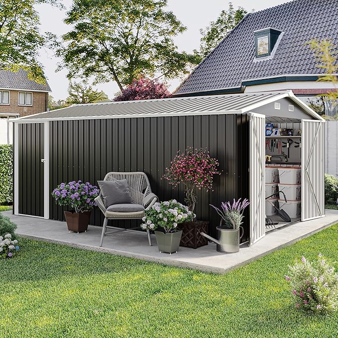 YOPTO 10x14 FT Outdoor Storage Shed, Extra Large Metal Garden Shed with Waterproof Roof, 4 Vents and 3 Lockable Doors,All-Weather Tool Shed Storage House for Backyard, Patio, Lawn,Dark Grey