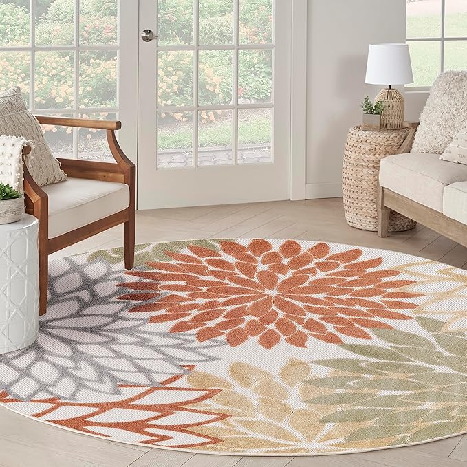 Nourison Home Aloha Indoor-Outdoor Ivory Multicolor 7â€™10â€ x Round Area -Rug, Easy -Cleaning, Non Shedding, Bed Room, Living Room, Dining Room, Backyard, Deck, Patio (8 Round)
