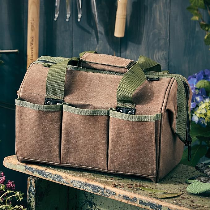 Waxed Canvas Tool Bag - 11.75” Heavy Duty Canvas Tote Bag Garden Caddy for Gardening Supplies or Tools with Wide Mouth 3 Interior and 3 Exterior Pockets - Gardening Gifts Men by Kings County Tools