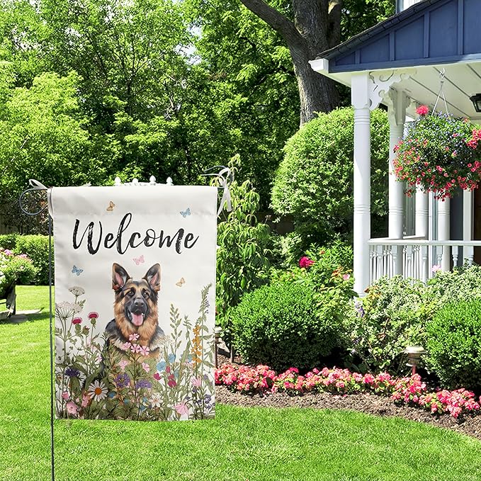 Floral German Shepherd Garden Flag Spring Summer House Flags 28 x 40 Double Sided Flower Dog Yard Flags for Outside Large Outdoor Welcome Flags