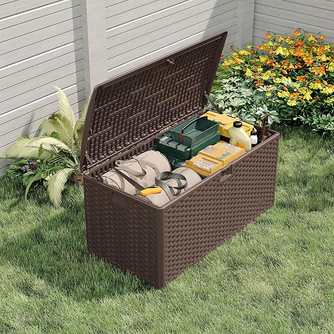 73 Gallon Waterproof Large Resin Deck Box Indoor Outdoor, Lockable Storage Container for Patio Furniture Cushions, Throw Pillows, Garden Tools, and Pool Floats, Brown