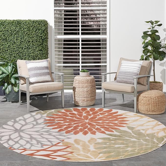 Nourison Home Aloha Indoor-Outdoor Ivory Multicolor 7â€™10â€ x Round Area -Rug, Easy -Cleaning, Non Shedding, Bed Room, Living Room, Dining Room, Backyard, Deck, Patio (8 Round)