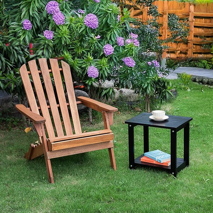 VICTORY RELAX Solid Acacia Wood Side Table with 2-Tier Storage, Weather-Resistant Outdoor Indoor End Table, Black Rustic Color Night Stand