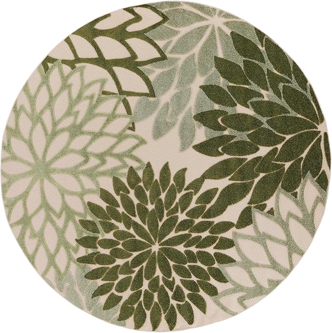 Nourison Home Aloha Indoor/Outdoor Ivory Green 7'10" x Round Area Rug, Easy-Cleaning, Non Shedding, Bed Room, Living Room, Dining Room, Backyard, Patio, Deck (8 Round)