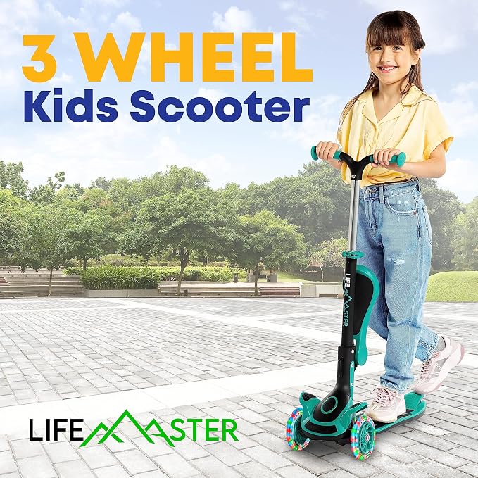 3 Wheel Scooter for Kids with Foldable Seat, Adjustable Handlebar Height, Lean-to-Steer Ride On Toy for Kids Ages 2+, Light-Up LED Wheels, Wide Anti Slip Deck, Indoor & Outdoor Use