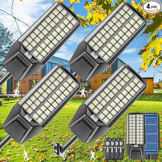10000W Solar Street Light - 300000 Lumens, Dusk-to-Dawn, Waterproof, Ideal for Commercial & Outdoor Parking Lots - Energy-Efficient Solar-Powered, 4-Pack
