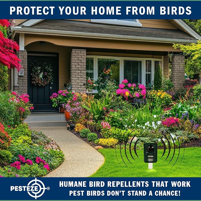 PESTEZE USA Solar Ultrasonic Bird Repeller– Motion-Activated Deterrent with Ultrasonic Sound to Deter Birds, Geese, Pigeons, Crows, & Small Critters; Outdoor Powered Device for Humane Yard Protection