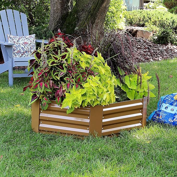 Sunnydaze Galvanized Raised Garden Bed Kit - 4x3x1 ft Outdoor Raised Garden Bed - Metal Planter Box for Vegetables, Flowers, Herbs - Brown - Hexagon