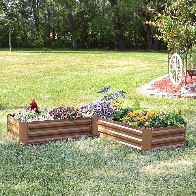 Sunnydaze Galvanized Raised Garden Bed Kit - 5x5x1 ft Outdoor Raised Garden Bed - Metal Planter Box for Vegetables, Flowers, Herbs - Brown - L-Shaped