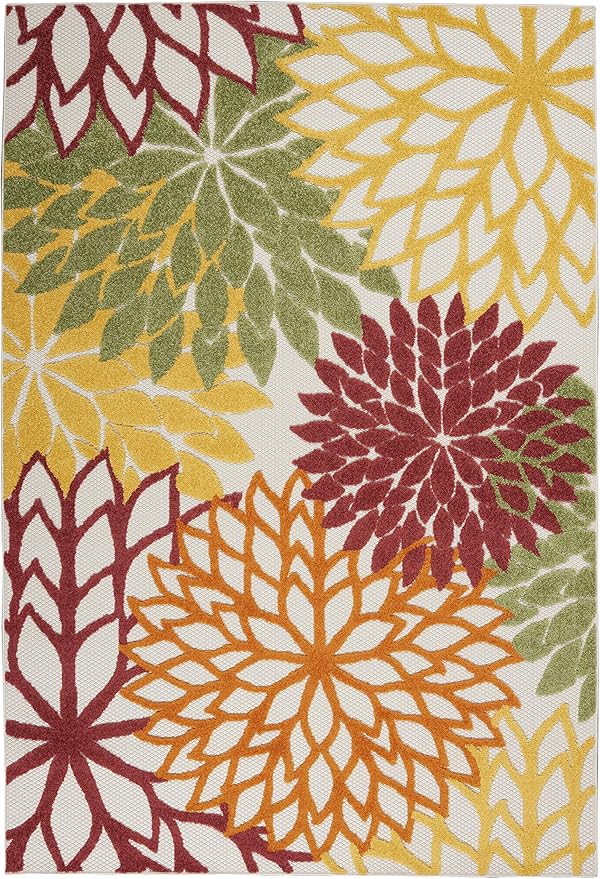 Nourison Home Aloha Indoor/Outdoor Red Multi Colored 5'3" x 7'5" Area Rug, Tropical, Botanical, Easy Cleaning, Non Shedding, Bed Room, Living Room, Dining Room, Deck, Backyard, Patio (5x7)