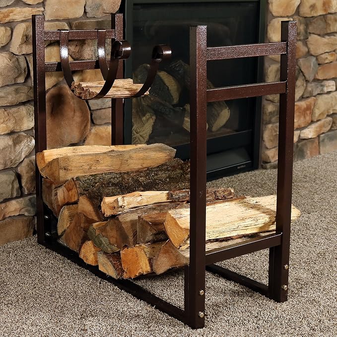 Sunnydaze 33 Inch Indoor Firewood Rack with Kindling Log Holder - Heavy-Duty 1/4 Cord Outdoor Wood Storage for the Fire Pit or Fireplace - Bronze