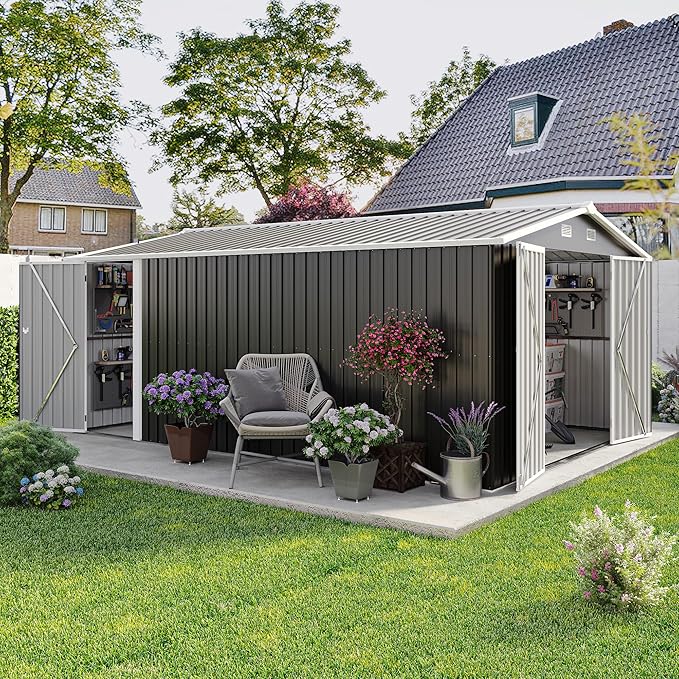 YOPTO 10x14 FT Outdoor Storage Shed, Extra Large Metal Garden Shed with Waterproof Roof, 4 Vents and 3 Lockable Doors,All-Weather Tool Shed Storage House for Backyard, Patio, Lawn,Dark Grey