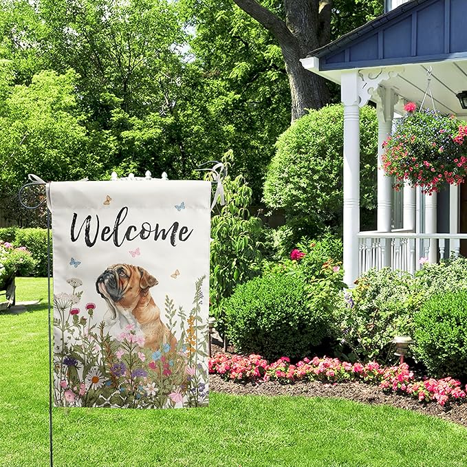Floral English Bulldog Garden Flag Spring Summer House Flags 28 x 40 Double Sided Flower Dog Yard Flags for Outside Large Outdoor Welcome Flags