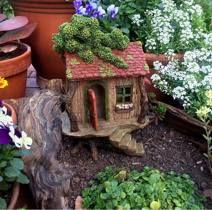 PRETMANNS Fairy Garden Treehouse for Outside - 9" H x 4" W Hand-Painted Resin Fairy House with Opening Door and Window Box - Waterproof Miniature Cottage for Patio Planter Balcony Decor, Gift Ready